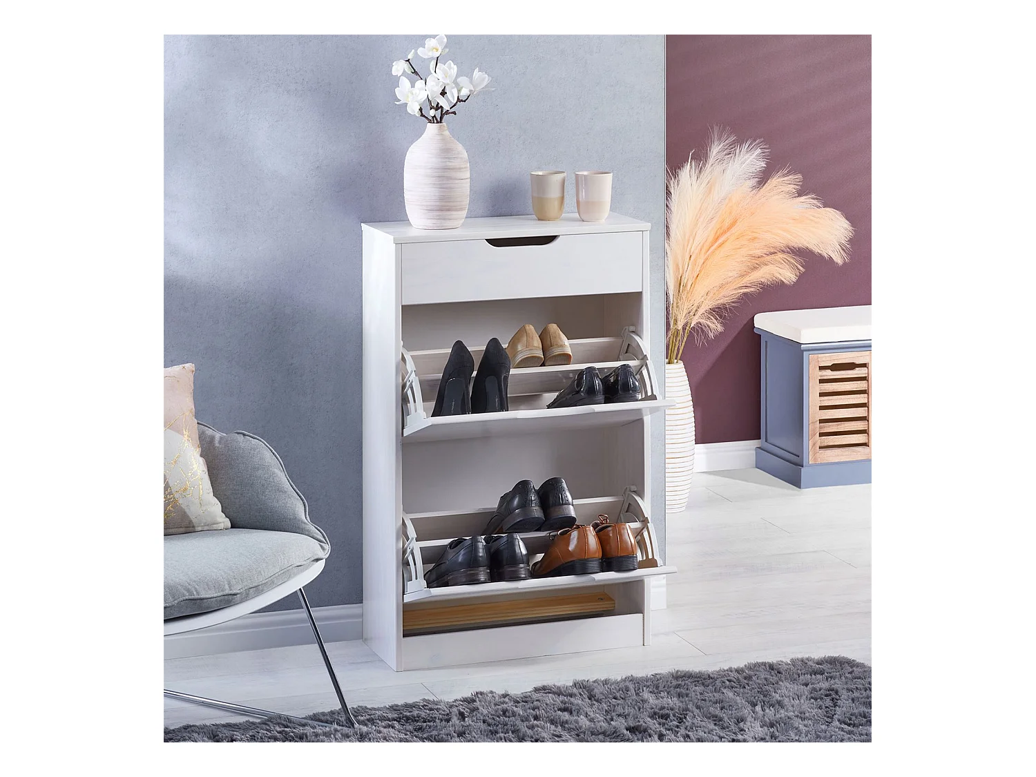 Meubles à chaussures BASIL rangement armoire avec 2 abattants et 1 tiroir, en pin massif lasuré blanc