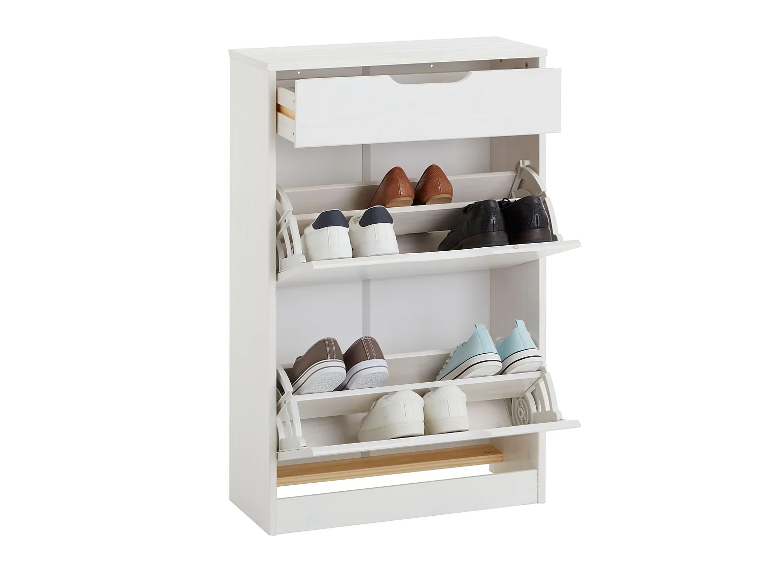 Meubles à chaussures BASIL rangement armoire avec 2 abattants et 1 tiroir, en pin massif lasuré blanc