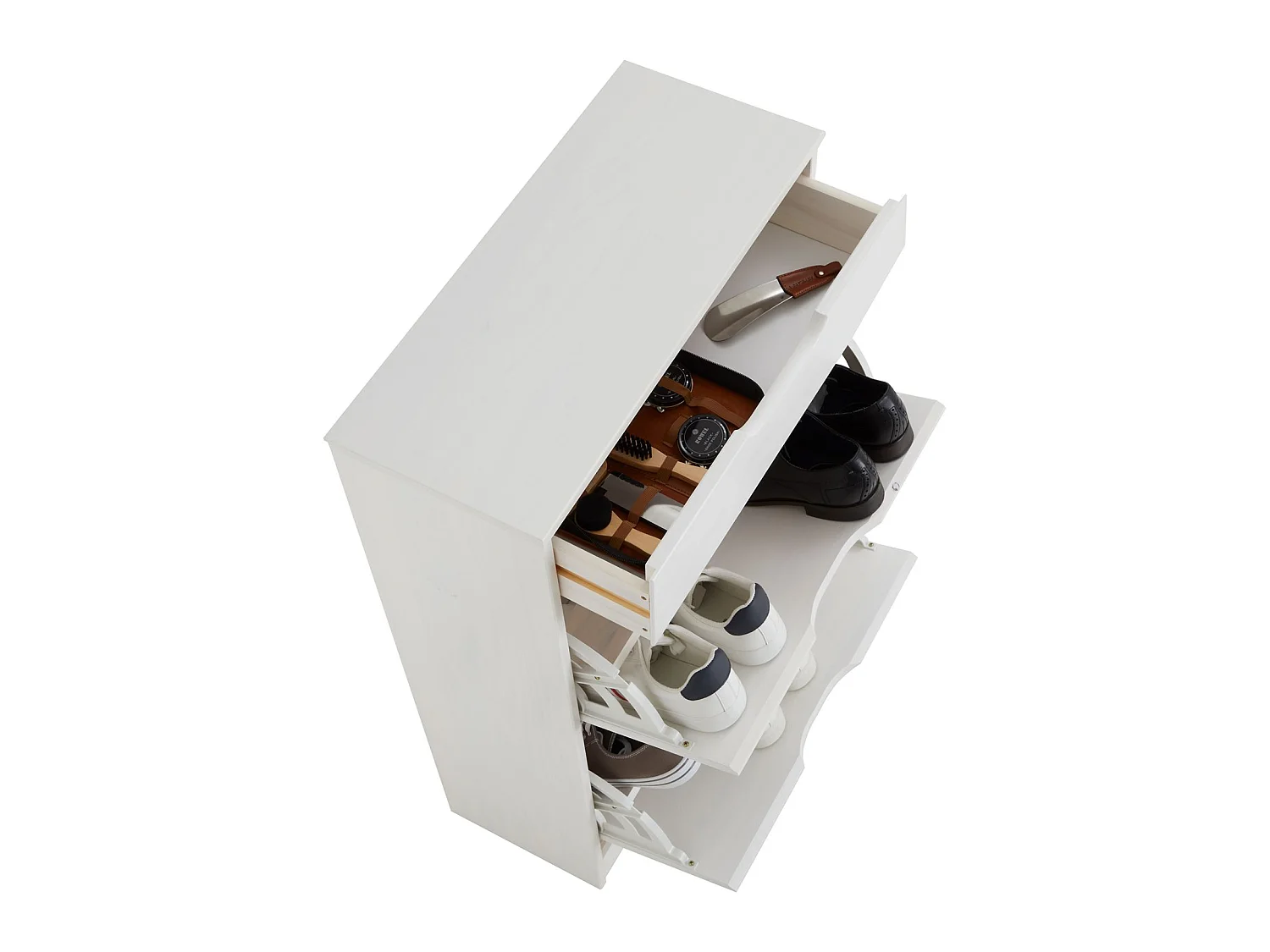 Meubles à chaussures BASIL rangement armoire avec 2 abattants et 1 tiroir, en pin massif lasuré blanc