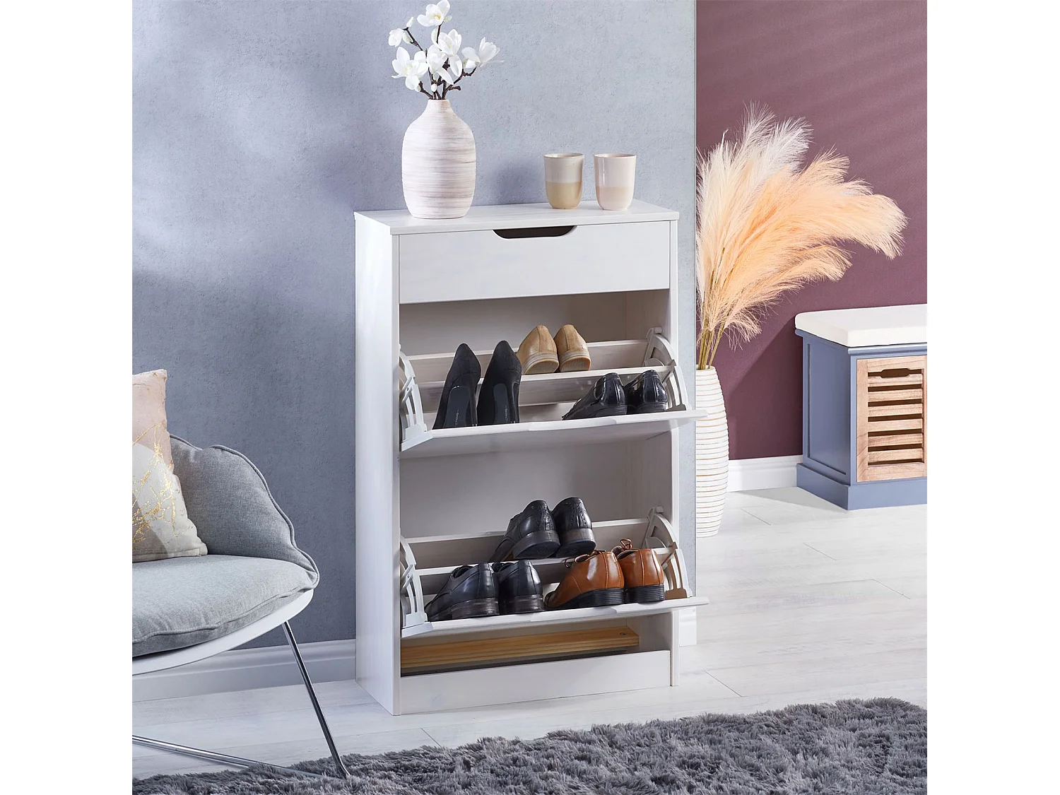 Meubles à chaussures BASIL rangement armoire avec 2 abattants et 1 tiroir, en pin massif lasuré blanc