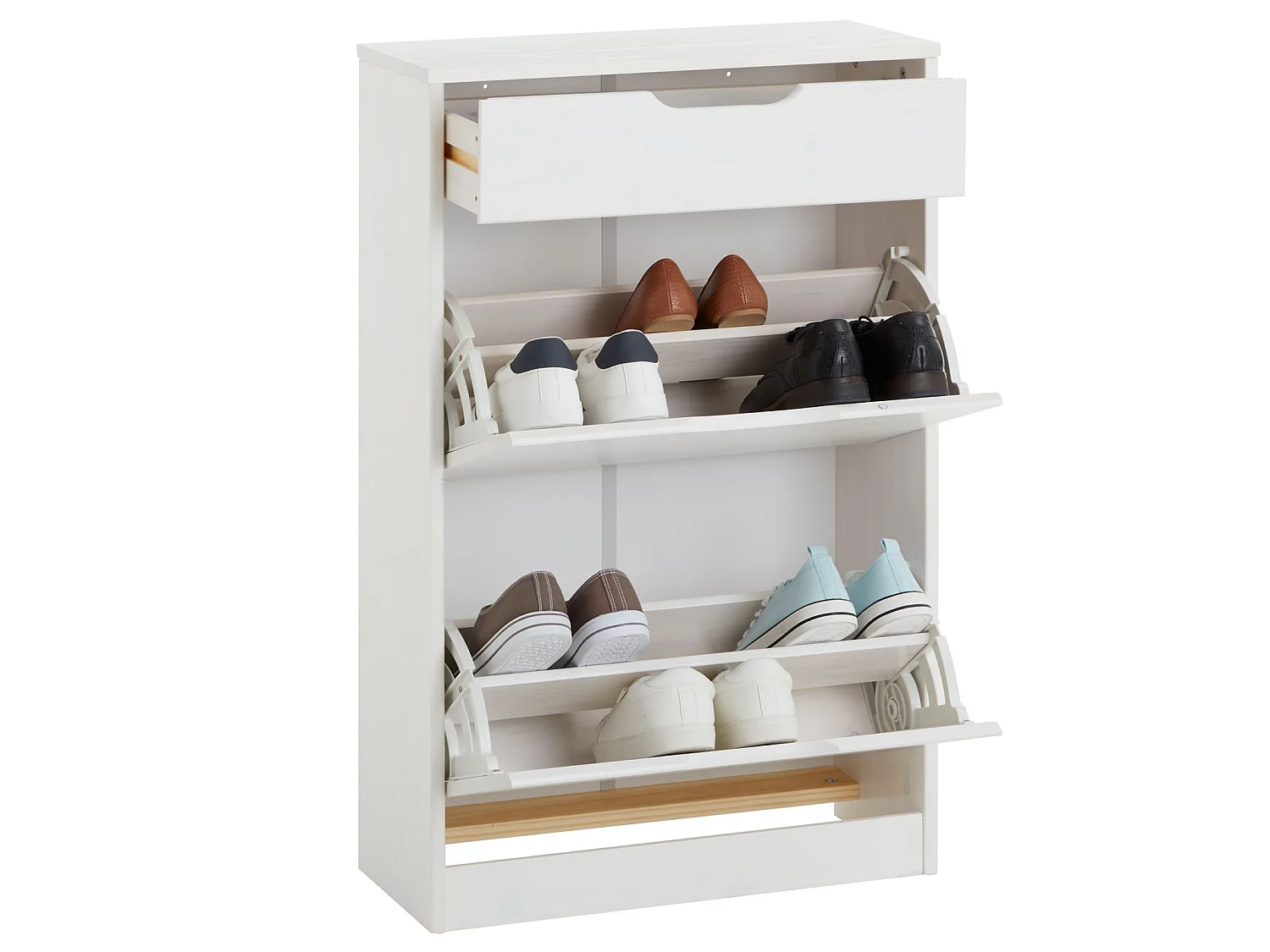 Meubles à chaussures BASIL rangement armoire avec 2 abattants et 1 tiroir, en pin massif lasuré blanc