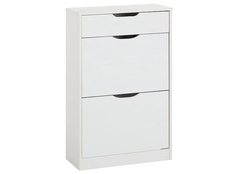 Meubles à chaussures BASIL rangement armoire avec 2 abattants et 1 tiroir, en pin massif lasuré blanc