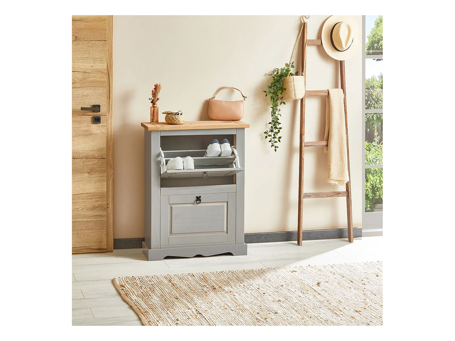 Meuble à chaussures TEQUILA style mexicain armoire à chaussures avec 2 abattants, en pin massif lasuré gris et brun