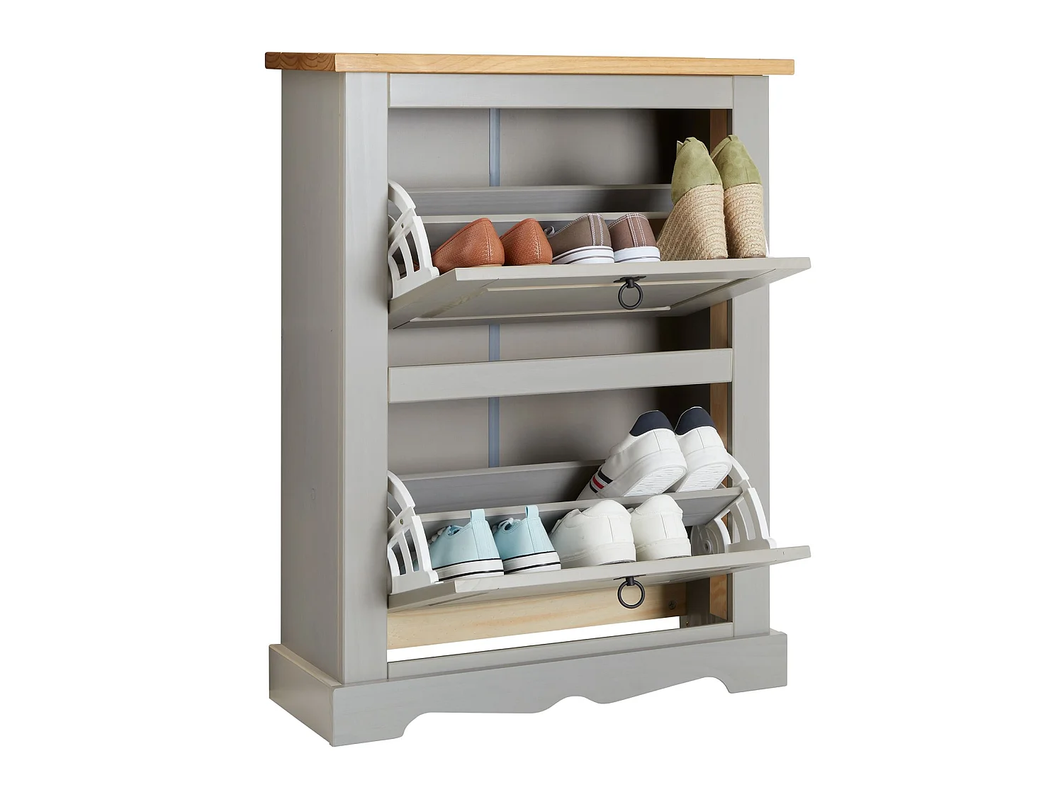 Meuble à chaussures TEQUILA style mexicain armoire à chaussures avec 2 abattants, en pin massif lasuré gris et brun