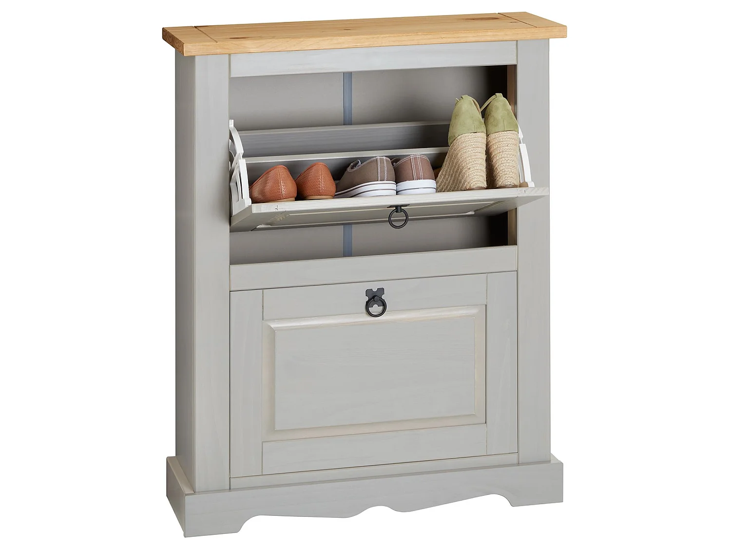 Meuble à chaussures TEQUILA style mexicain armoire à chaussures avec 2 abattants, en pin massif lasuré gris et brun