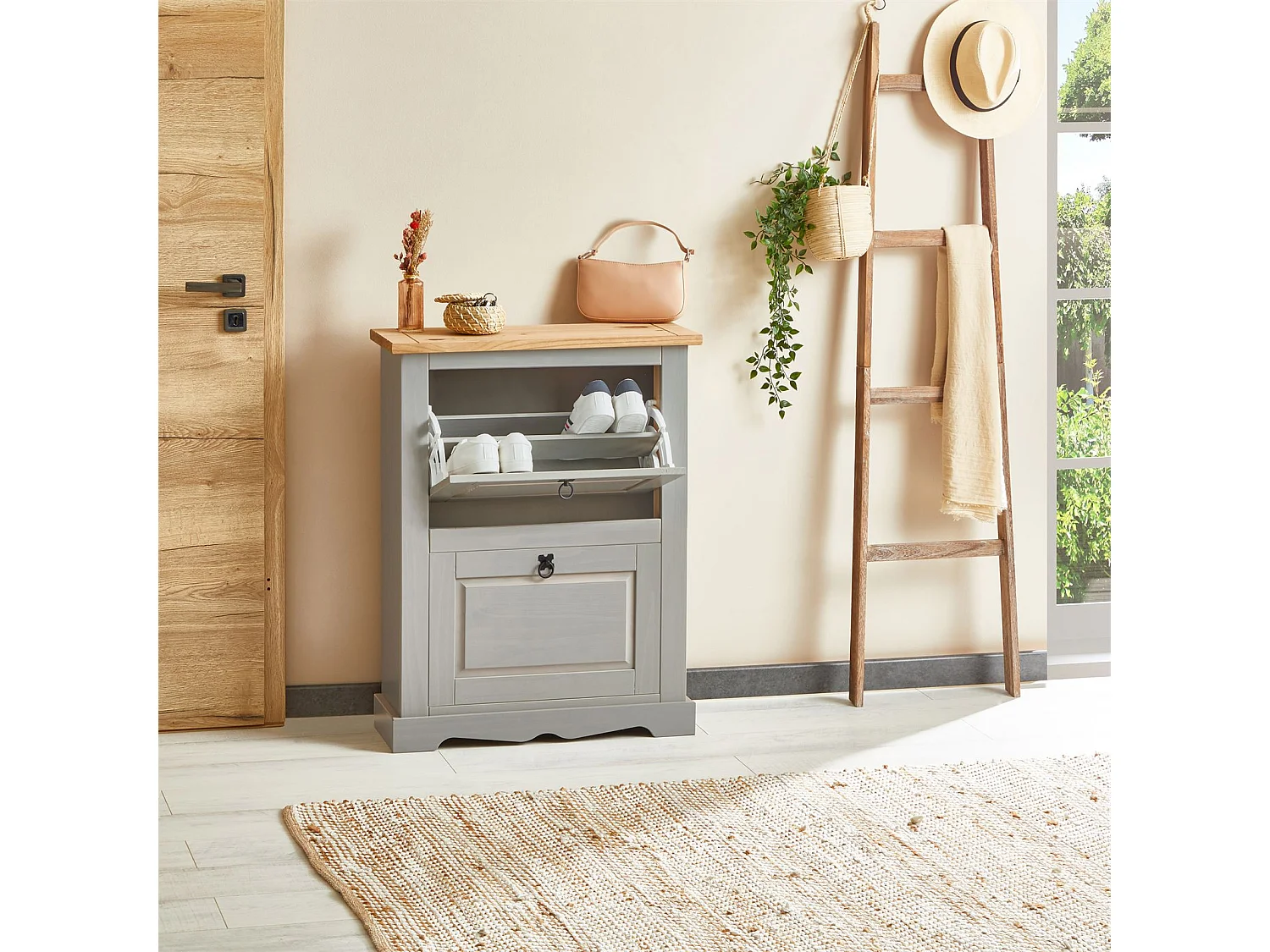 Meuble à chaussures TEQUILA style mexicain armoire à chaussures avec 2 abattants, en pin massif lasuré gris et brun