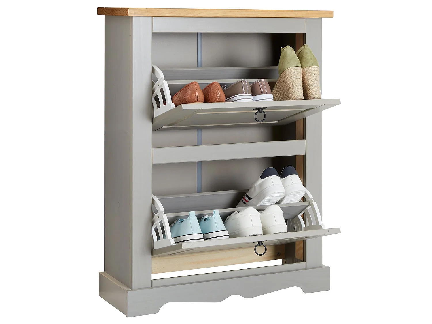 Meuble à chaussures TEQUILA style mexicain armoire à chaussures avec 2 abattants, en pin massif lasuré gris et brun