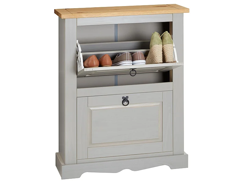 Meuble à chaussures TEQUILA style mexicain armoire à chaussures avec 2 abattants, en pin massif lasuré gris et brun