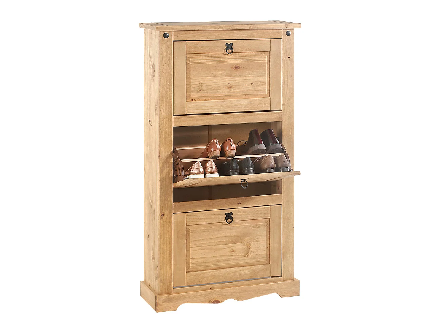 Meuble à chaussures TEQUILA style mexicain armoire à chaussures avec 3 abattants, en pin massif finition teintée et cirée