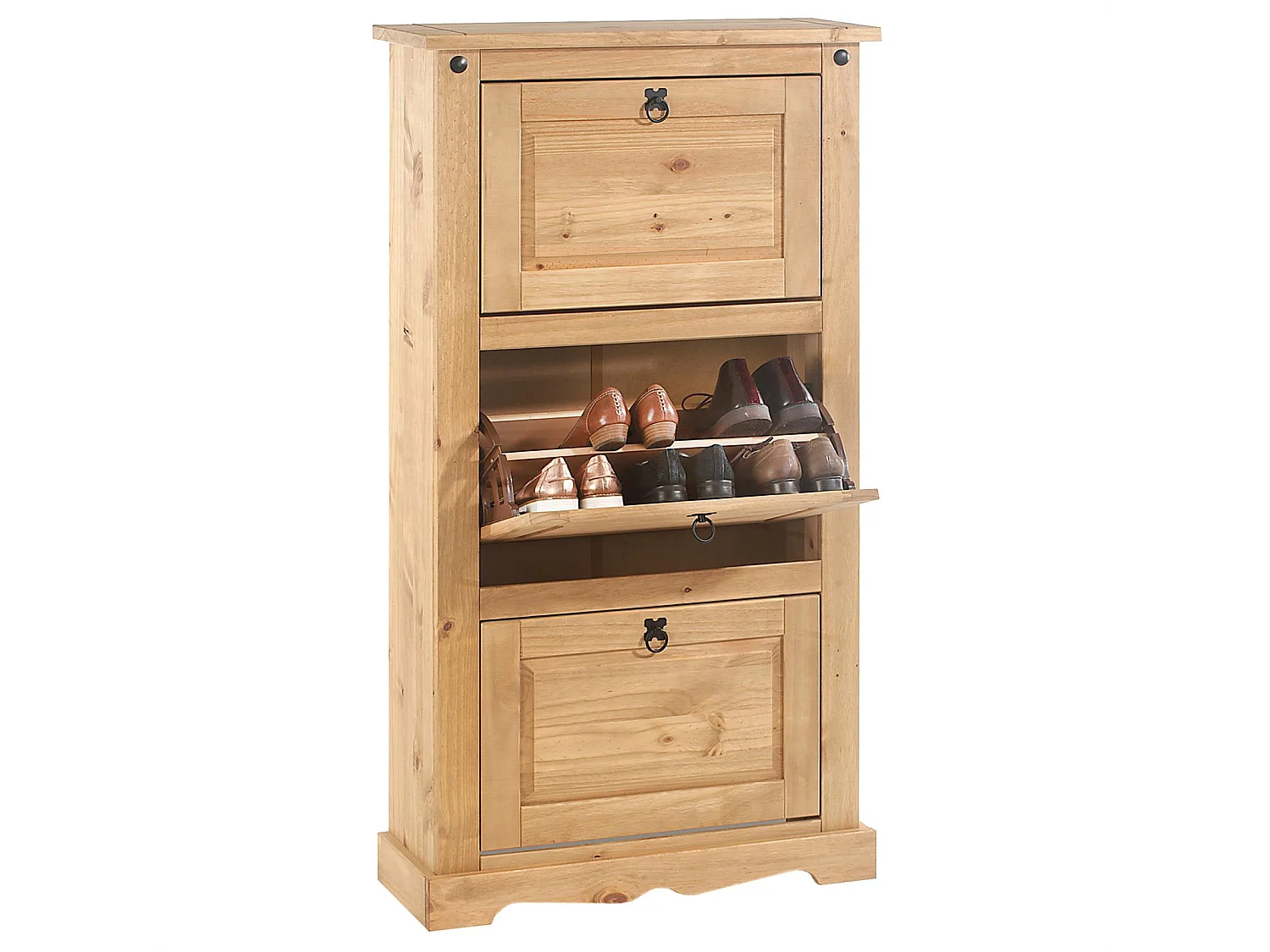 Meuble à chaussures TEQUILA style mexicain armoire à chaussures avec 3 abattants, en pin massif finition teintée et cirée