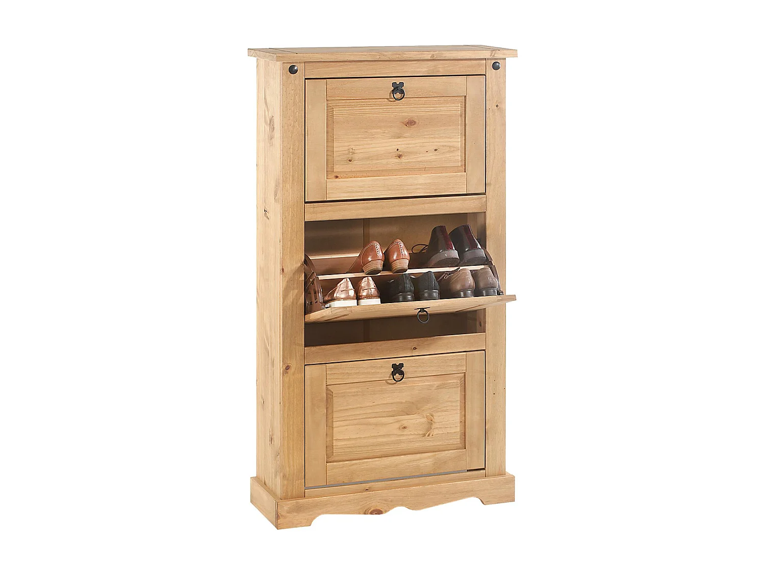 Meuble à chaussures TEQUILA style mexicain armoire à chaussures avec 3 abattants, en pin massif finition teintée et cirée