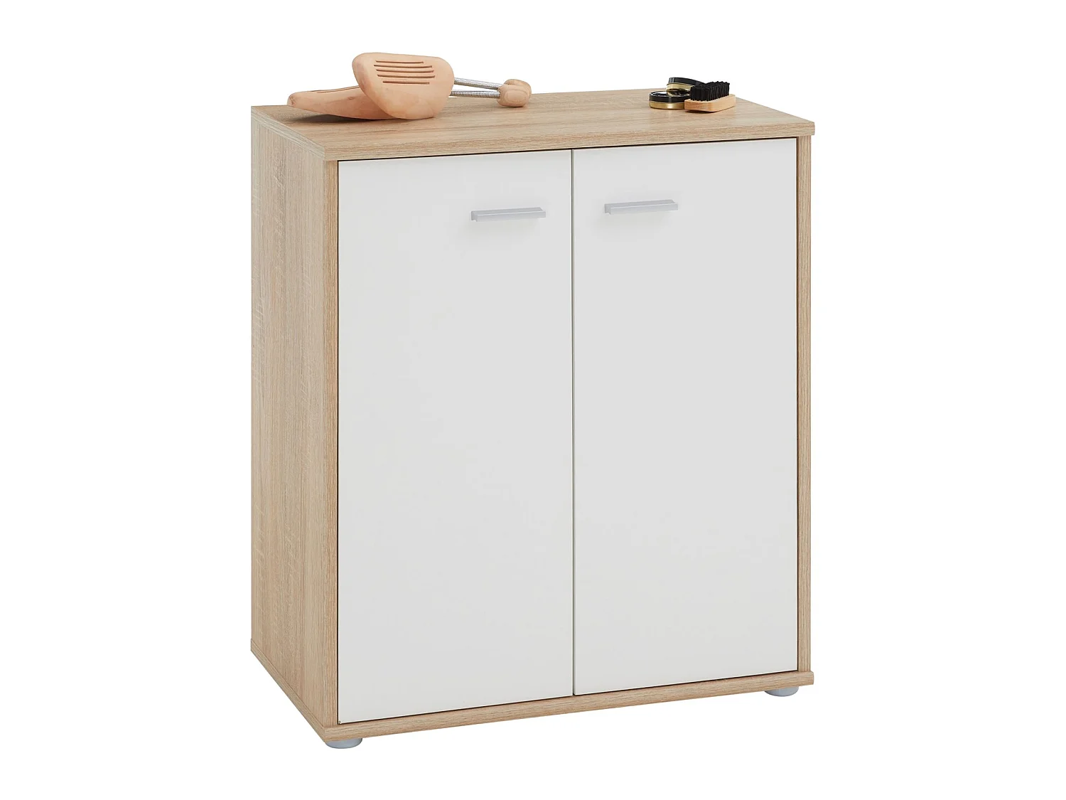 Meuble à chaussures OLYMPE, commode meuble de rangement avec 2 portes, en mélaminé décor chêne sonoma et blanc mat