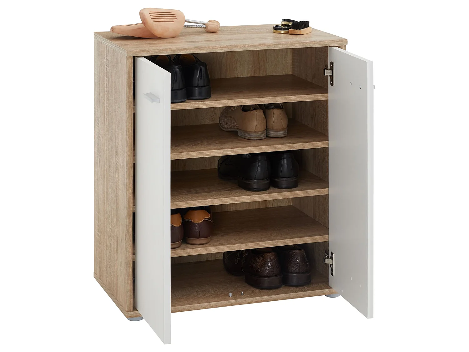 Meuble à chaussures OLYMPE, commode meuble de rangement avec 2 portes, en mélaminé décor chêne sonoma et blanc mat