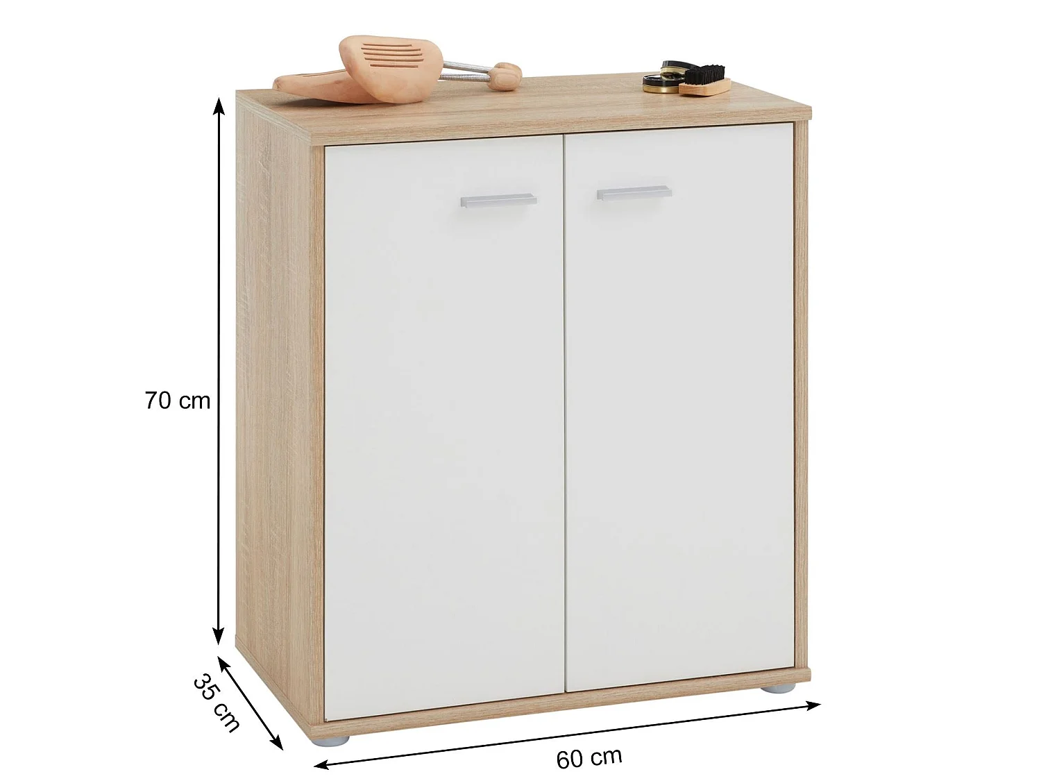 Meuble à chaussures OLYMPE, commode meuble de rangement avec 2 portes, en mélaminé décor chêne sonoma et blanc mat