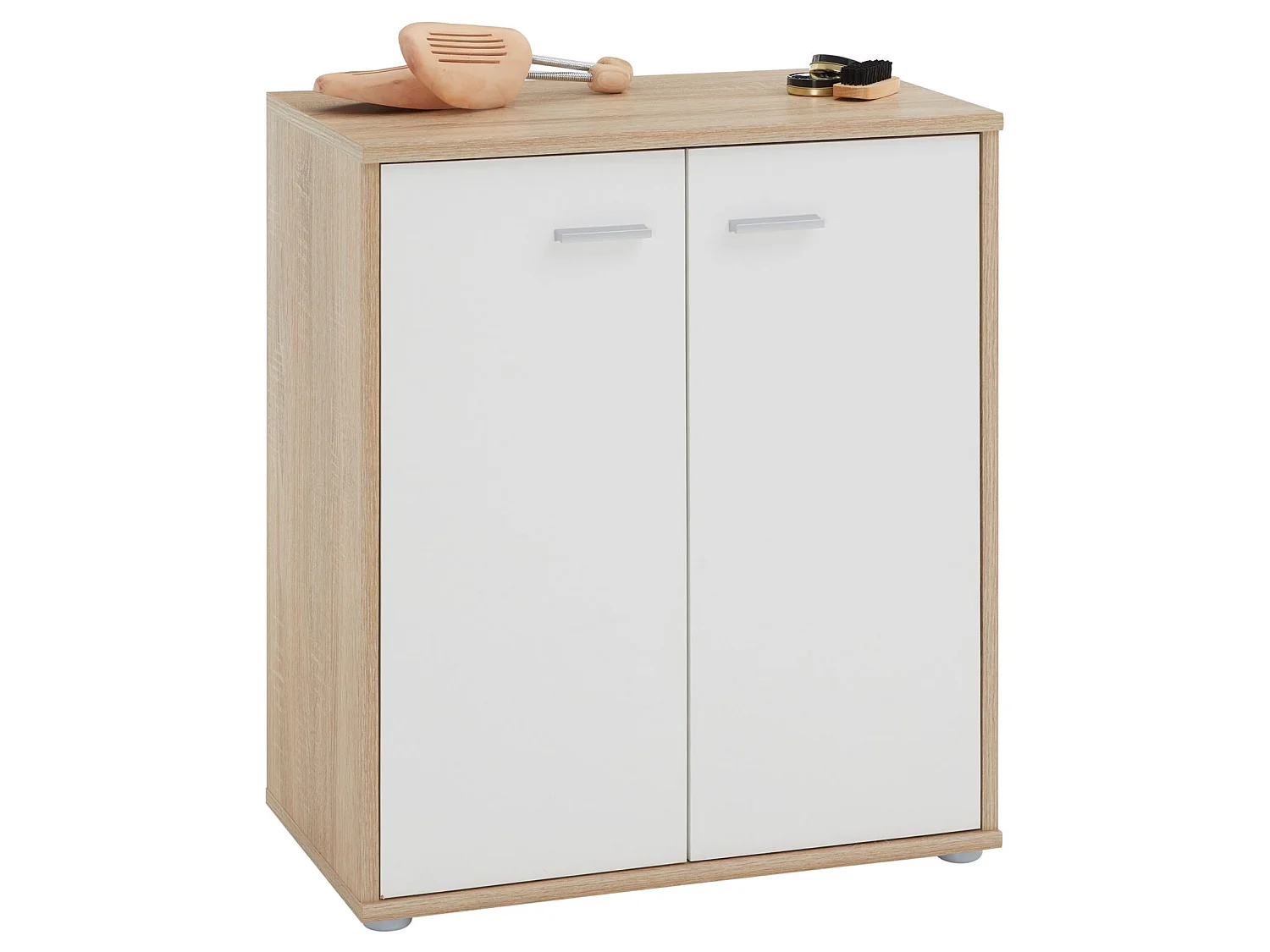 Meuble à chaussures OLYMPE, commode meuble de rangement avec 2 portes, en mélaminé décor chêne sonoma et blanc mat