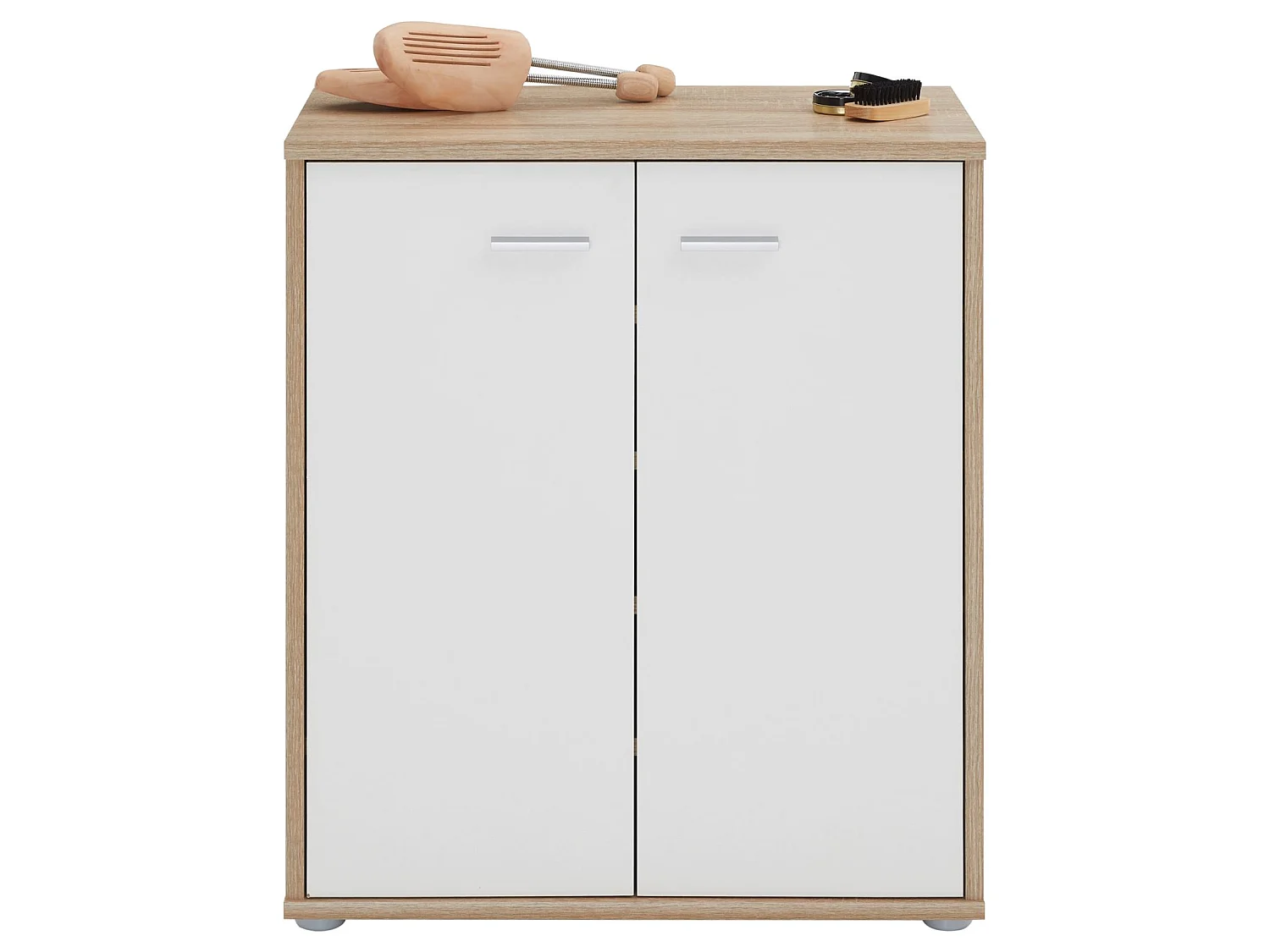 Meuble à chaussures OLYMPE, commode meuble de rangement avec 2 portes, en mélaminé décor chêne sonoma et blanc mat
