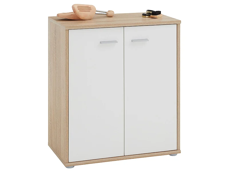 Meuble à chaussures OLYMPE, commode meuble de rangement avec 2 portes, en mélaminé décor chêne sonoma et blanc mat