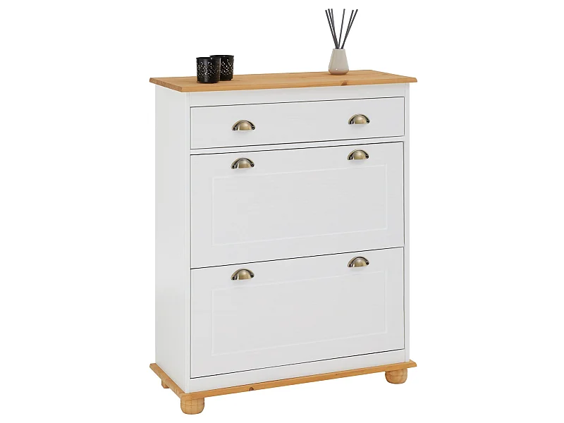 Meuble à chaussures COLMAR armoire rangement avec 2 abattants et 1 tiroir, en pin massif lasuré blanc et brun