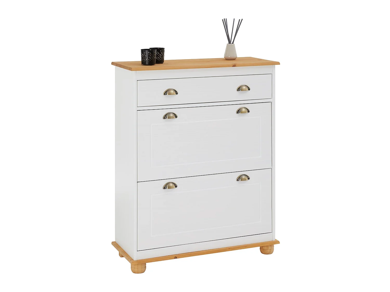 Meuble à chaussures COLMAR armoire rangement avec 2 abattants et 1 tiroir, en pin massif lasuré blanc et brun