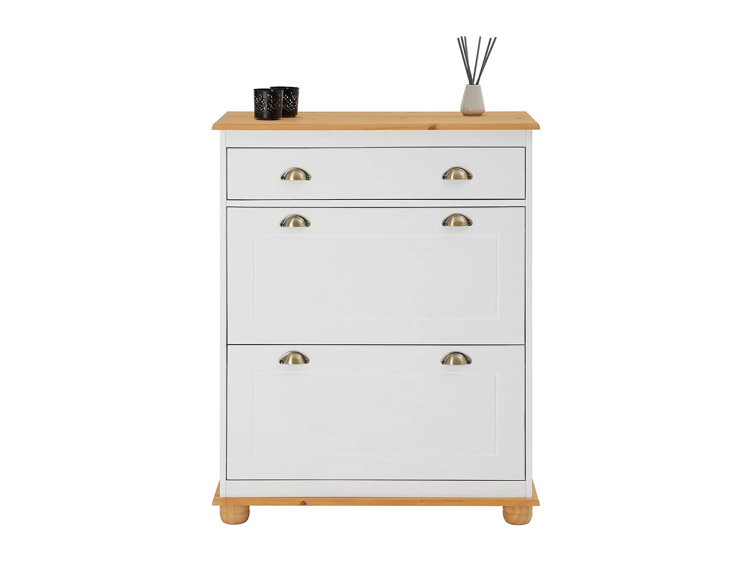 Meuble à chaussures COLMAR armoire rangement avec 2 abattants et 1 tiroir, en pin massif lasuré blanc et brun