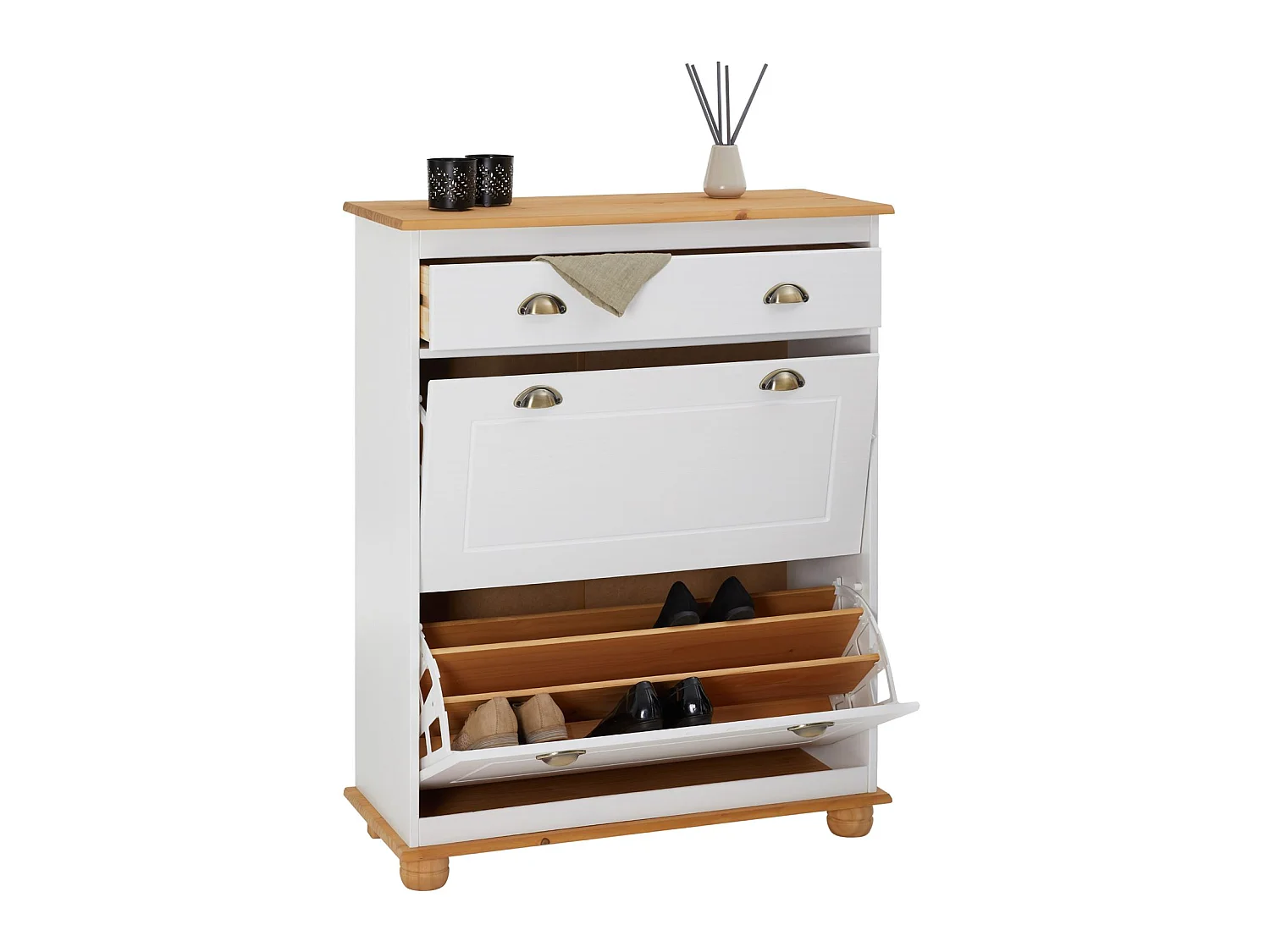 Meuble à chaussures COLMAR armoire rangement avec 2 abattants et 1 tiroir, en pin massif lasuré blanc et brun