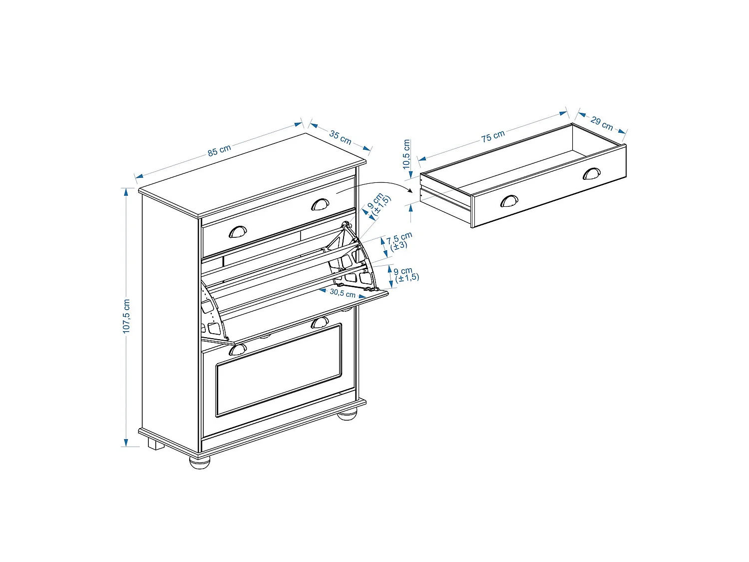 Meuble à chaussures COLMAR armoire rangement avec 2 abattants et 1 tiroir, en pin massif lasuré blanc et brun