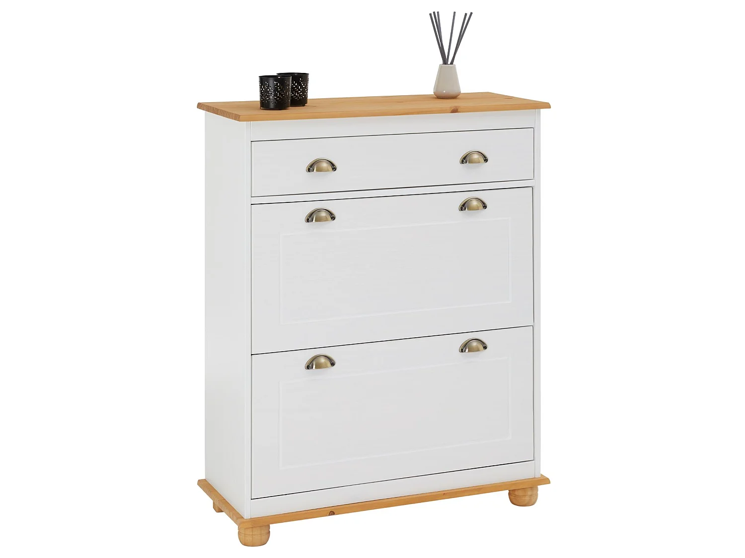 Meuble à chaussures COLMAR armoire rangement avec 2 abattants et 1 tiroir, en pin massif lasuré blanc et brun