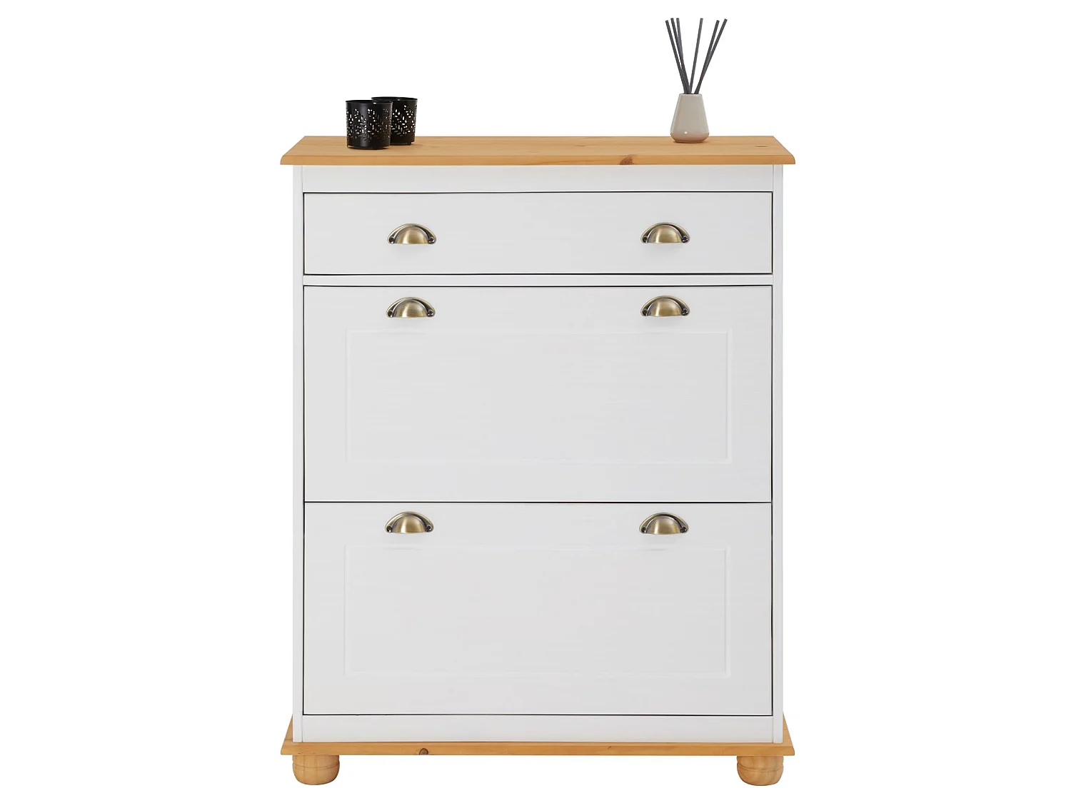 Meuble à chaussures COLMAR armoire rangement avec 2 abattants et 1 tiroir, en pin massif lasuré blanc et brun