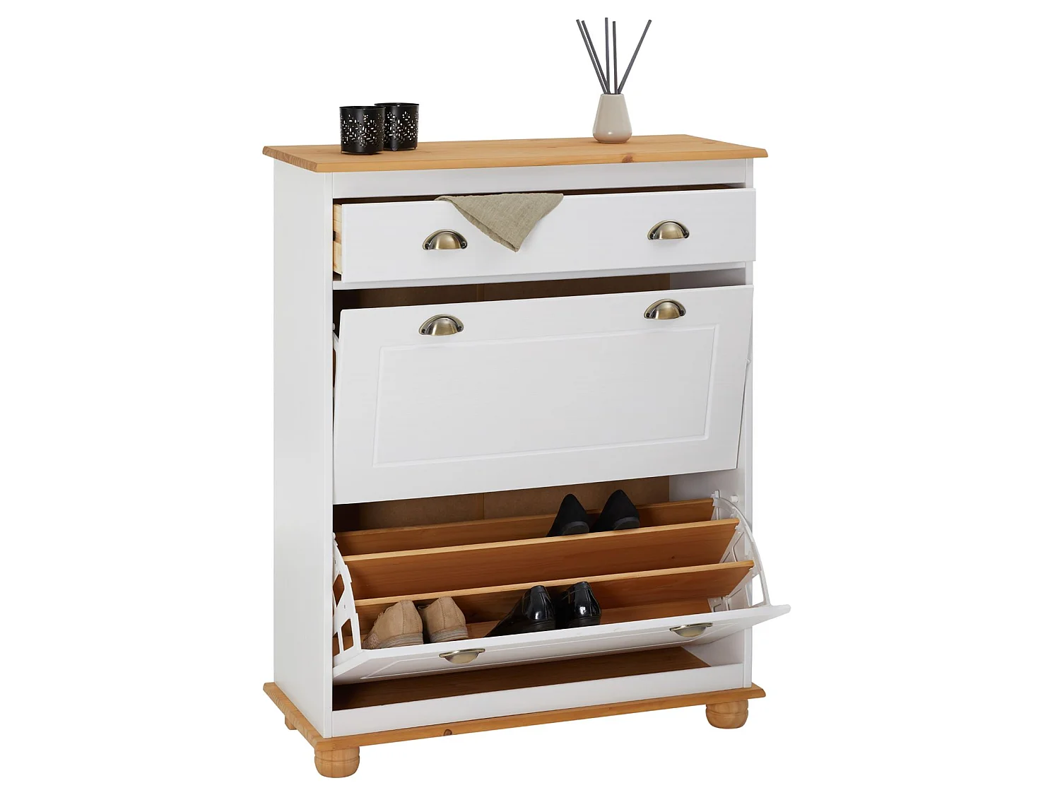 Meuble à chaussures COLMAR armoire rangement avec 2 abattants et 1 tiroir, en pin massif lasuré blanc et brun