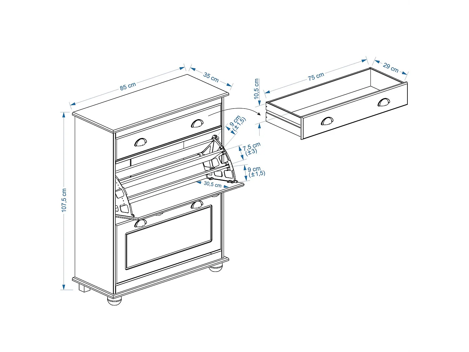 Meuble à chaussures COLMAR armoire rangement avec 2 abattants et 1 tiroir, en pin massif lasuré blanc et brun