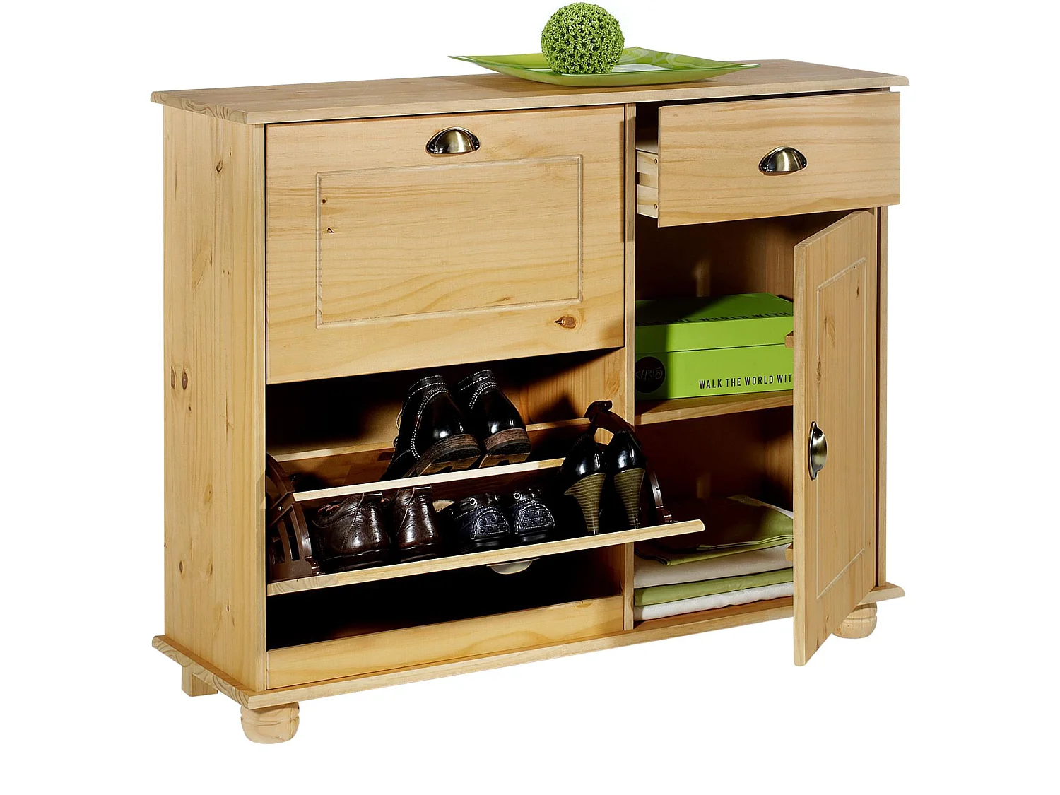 Meuble à chaussures COLMAR armoire rangement avec 2 abattants 1 tiroir et 1 porte avec 1 étagère, en pin massif finition cirée