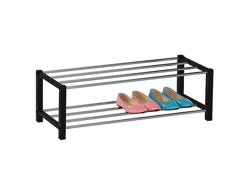 Étagère à chaussures DUBLIN rangement porte-chaussures avec 2 niveaux pour 8 paires en métal chromé et laqué noir