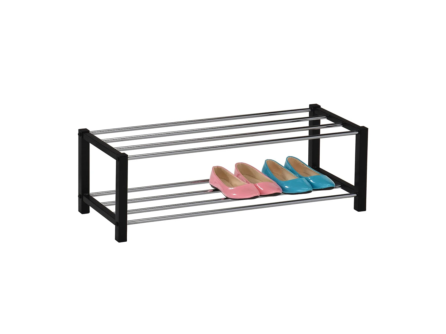 Étagère à chaussures DUBLIN rangement porte-chaussures avec 2 niveaux pour 8 paires en métal chromé et laqué noir