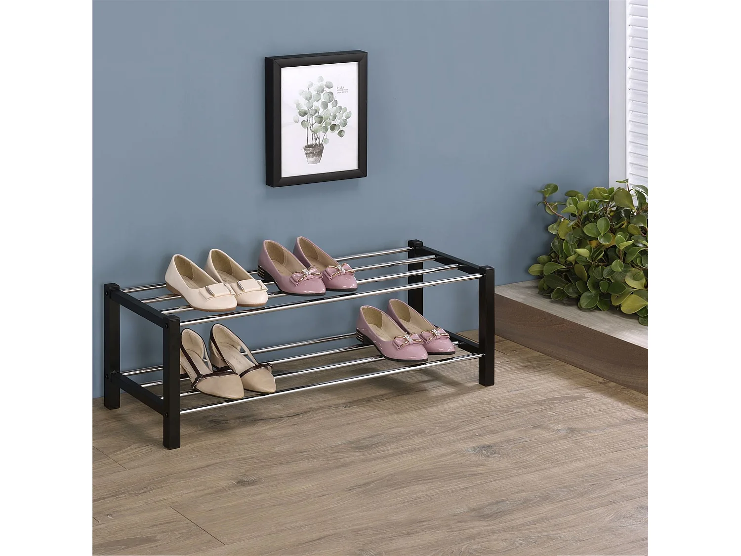 Étagère à chaussures DUBLIN rangement porte-chaussures avec 2 niveaux pour 8 paires en métal chromé et laqué noir