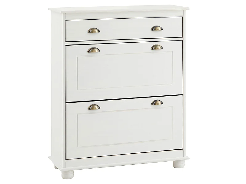 Meuble à chaussures COLMAR armoire rangement avec 2 abattants et 1 tiroir, en pin massif lasuré blanc