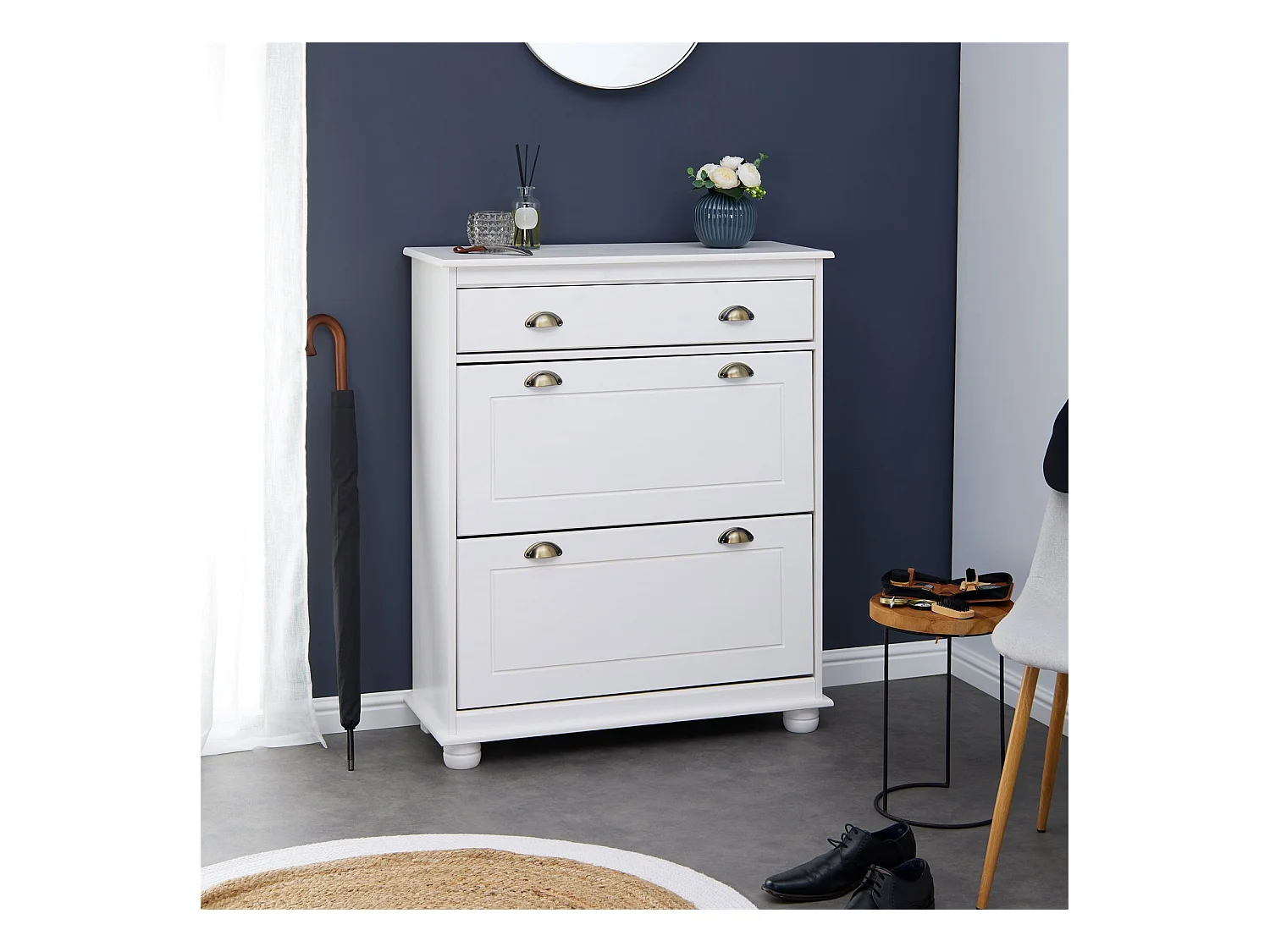 Meuble à chaussures COLMAR armoire rangement avec 2 abattants et 1 tiroir, en pin massif lasuré blanc