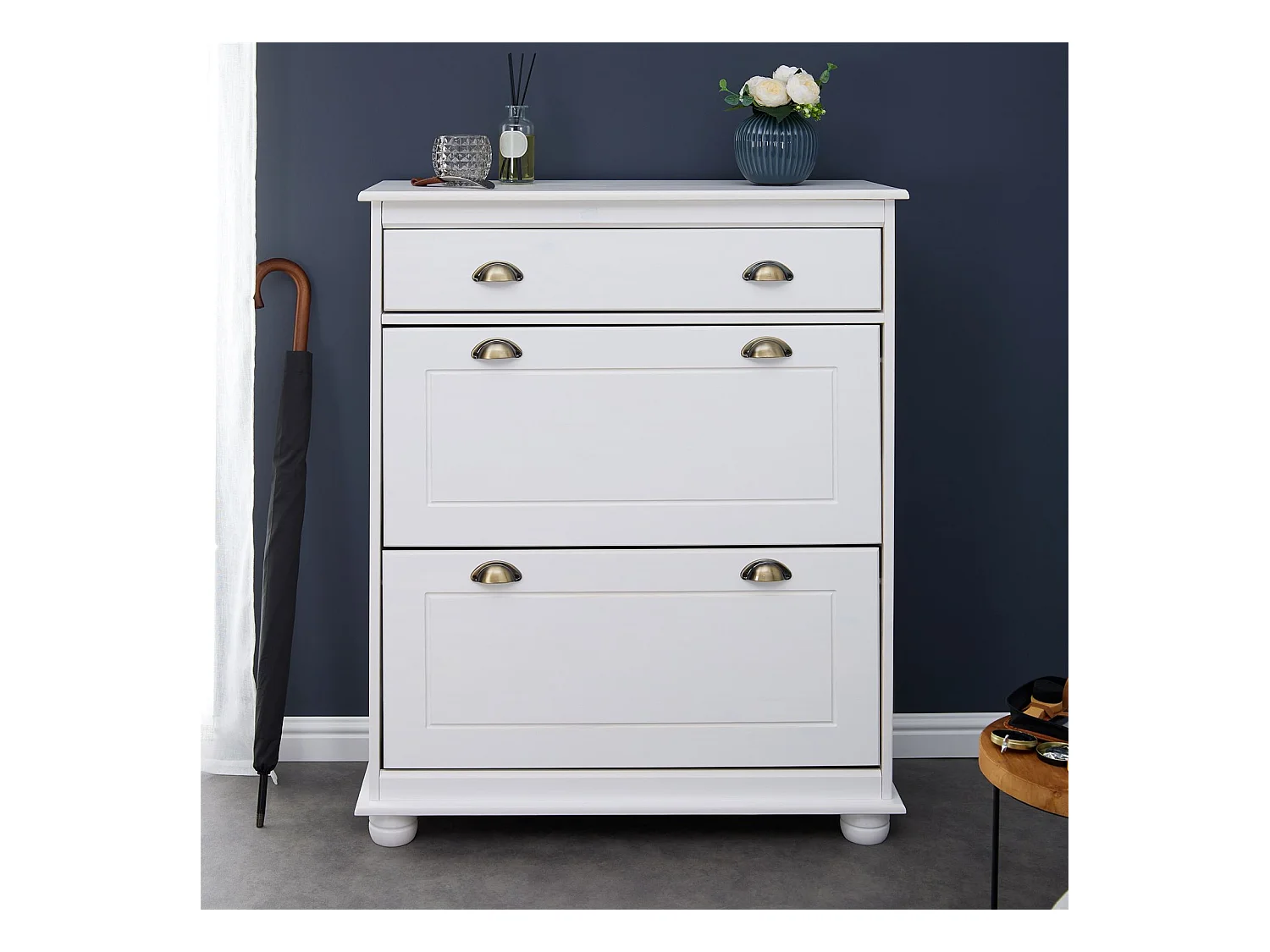 Meuble à chaussures COLMAR armoire rangement avec 2 abattants et 1 tiroir, en pin massif lasuré blanc