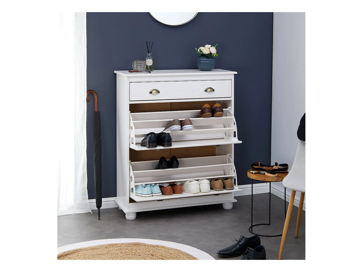 Meuble à chaussures COLMAR armoire rangement avec 2 abattants et 1 tiroir, en pin massif lasuré blanc