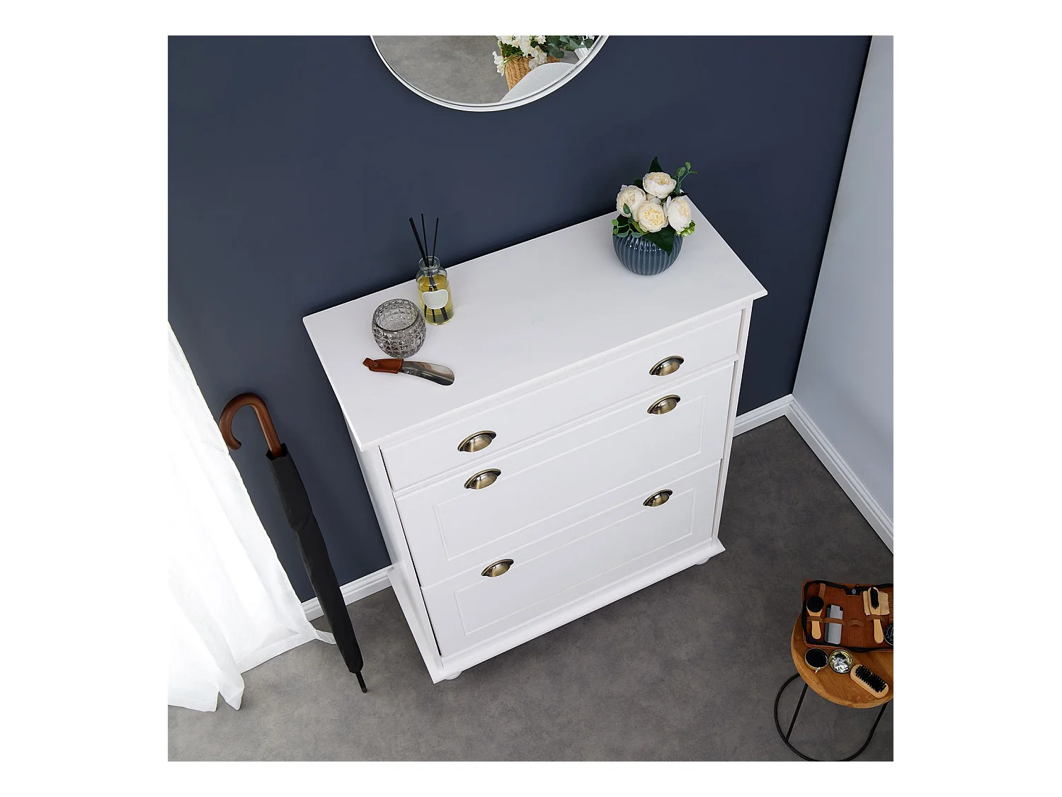 Meuble à chaussures COLMAR armoire rangement avec 2 abattants et 1 tiroir, en pin massif lasuré blanc