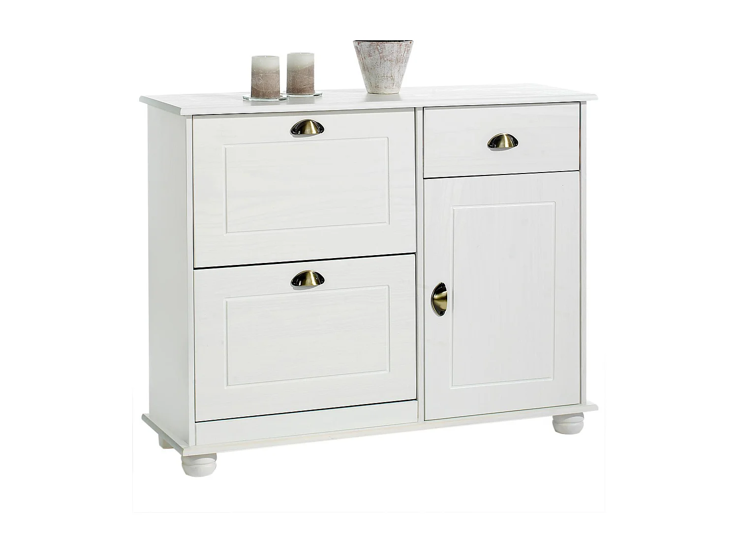 Meuble à chaussures COLMAR armoire rangement avec 2 abattants 1 tiroir et 1 porte avec 1 étagère, en pin massif lasuré blanc