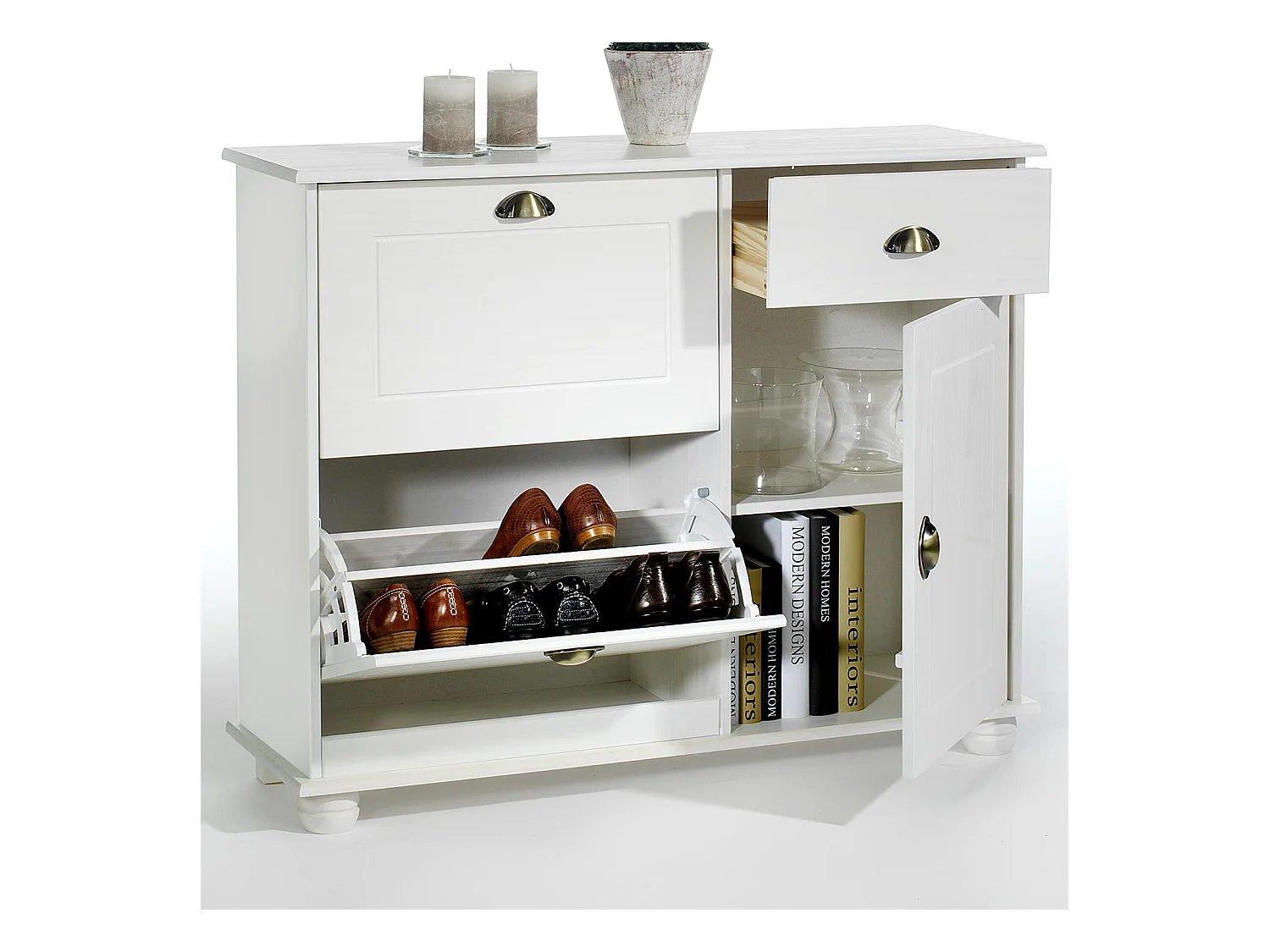 Meuble à chaussures COLMAR armoire rangement avec 2 abattants 1 tiroir et 1 porte avec 1 étagère, en pin massif lasuré blanc