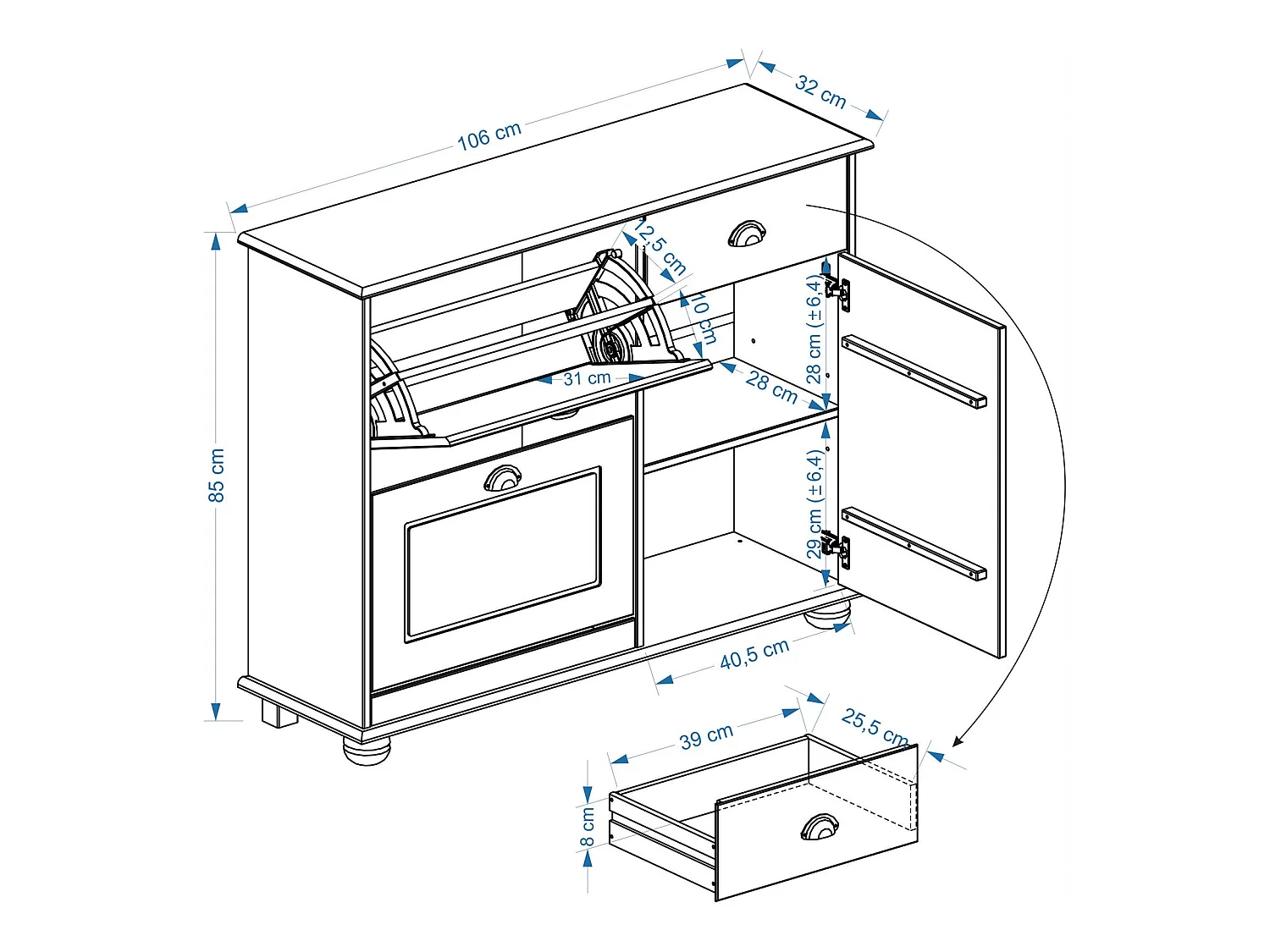 Meuble à chaussures COLMAR armoire rangement avec 2 abattants 1 tiroir et 1 porte avec 1 étagère, en pin massif lasuré blanc