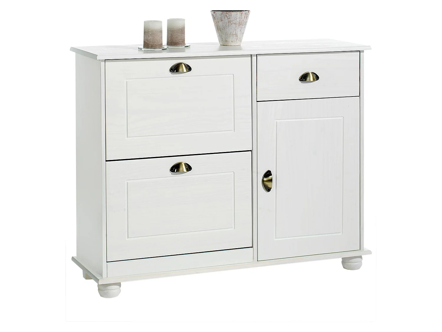 Meuble à chaussures COLMAR armoire rangement avec 2 abattants 1 tiroir et 1 porte avec 1 étagère, en pin massif lasuré blanc