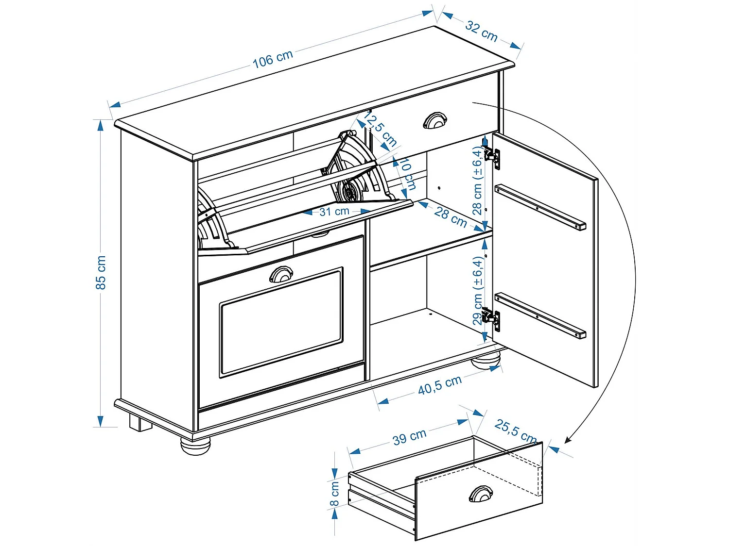 Meuble à chaussures COLMAR armoire rangement avec 2 abattants 1 tiroir et 1 porte avec 1 étagère, en pin massif lasuré blanc