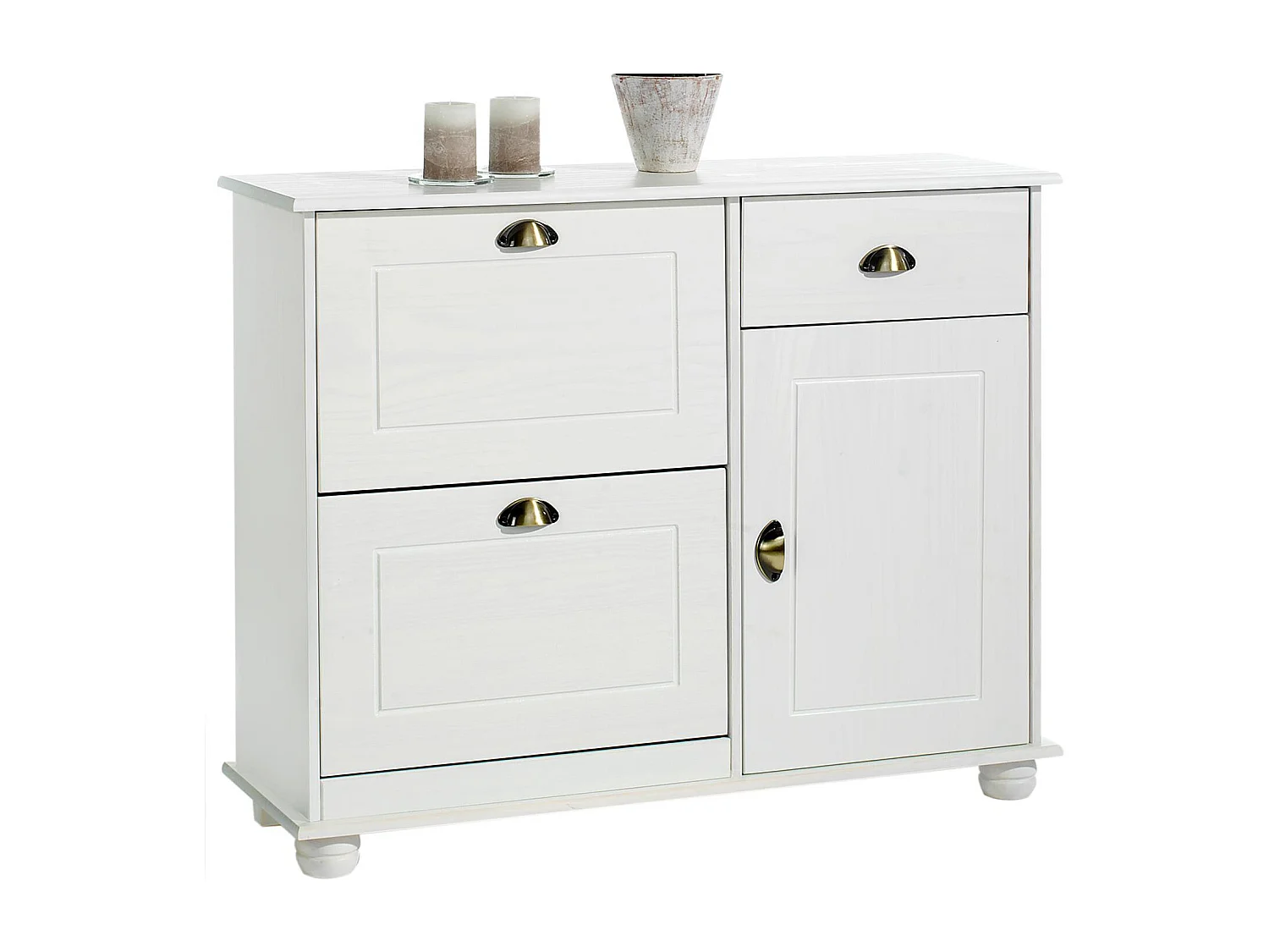 Meuble à chaussures COLMAR armoire rangement avec 2 abattants 1 tiroir et 1 porte avec 1 étagère, en pin massif lasuré blanc