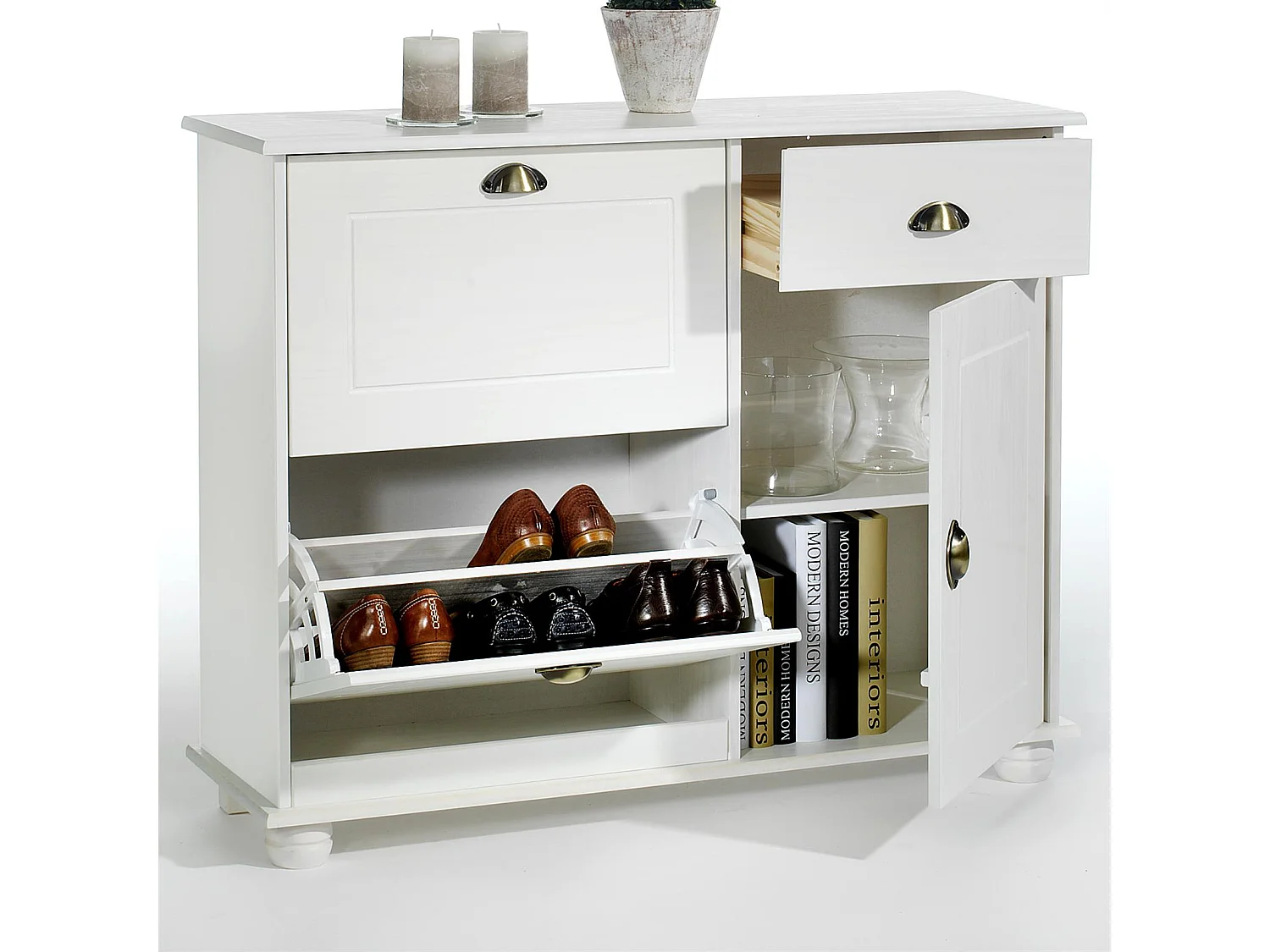 Meuble à chaussures COLMAR armoire rangement avec 2 abattants 1 tiroir et 1 porte avec 1 étagère, en pin massif lasuré blanc