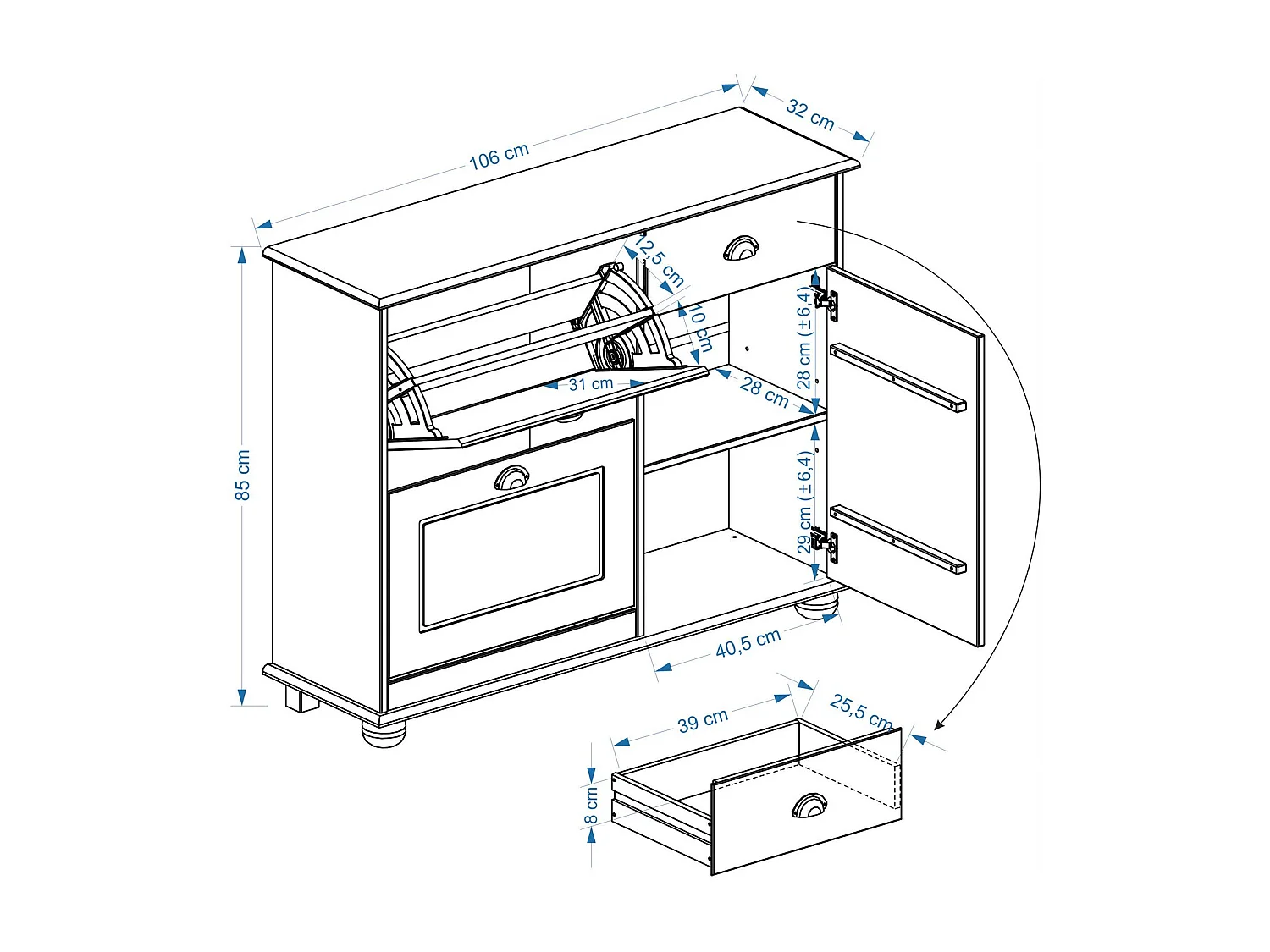 Meuble à chaussures COLMAR armoire rangement avec 2 abattants 1 tiroir et 1 porte avec 1 étagère, en pin massif lasuré blanc