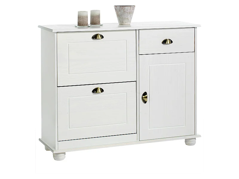 Meuble à chaussures COLMAR armoire rangement avec 2 abattants 1 tiroir et 1 porte avec 1 étagère, en pin massif lasuré blanc