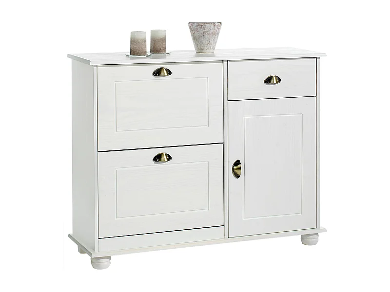 Meuble à chaussures COLMAR armoire rangement avec 2 abattants 1 tiroir et 1 porte avec 1 étagère, en pin massif lasuré blanc