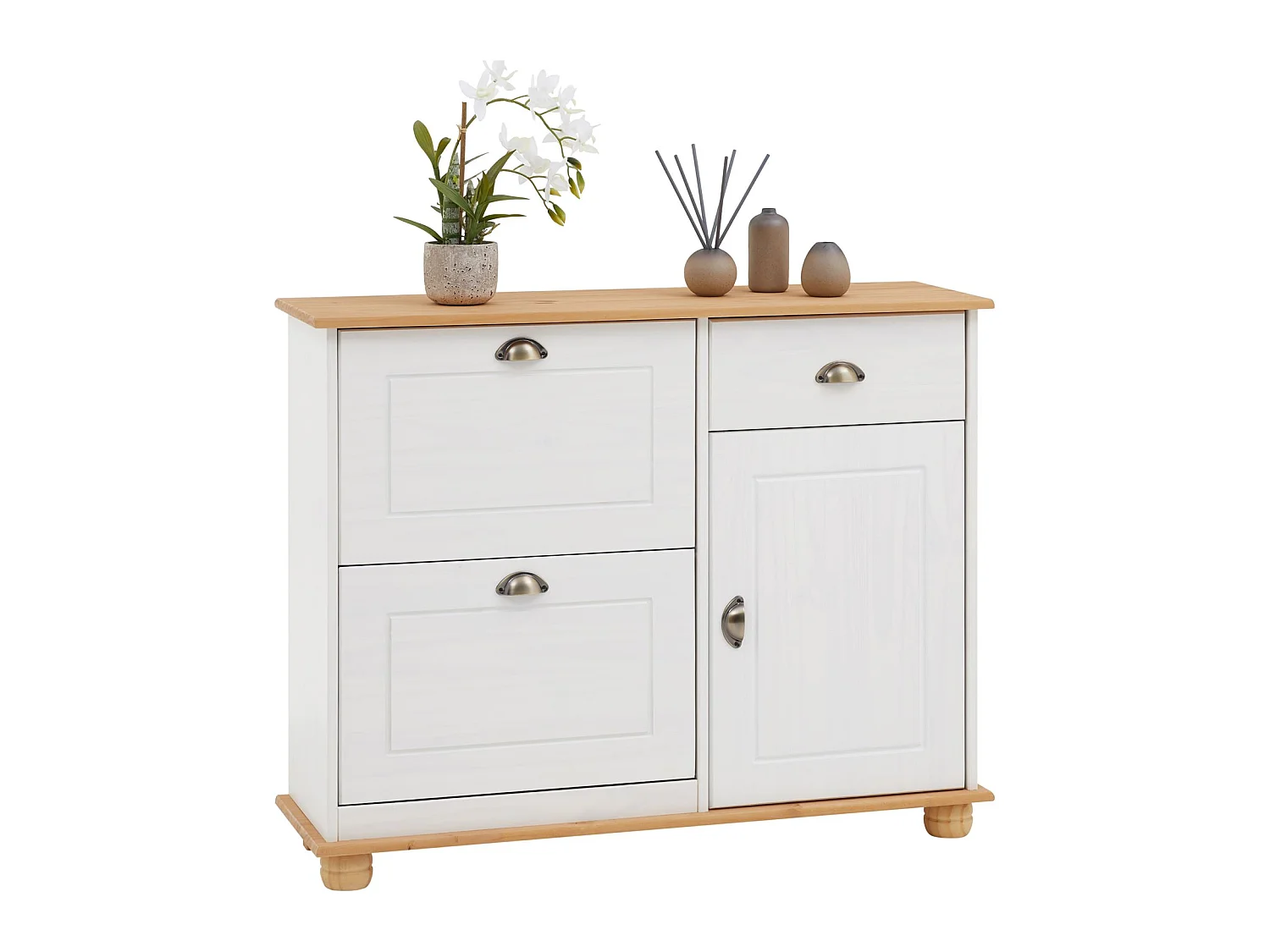 Meuble à chaussures COLMAR armoire rangement avec 2 abattants 1 tiroir et 1 porte avec 1 étagère, en pin massif lasuré blanc et brun